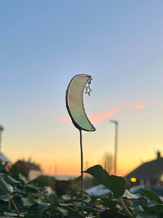White Iridescent Crescent Moon Plant Stake