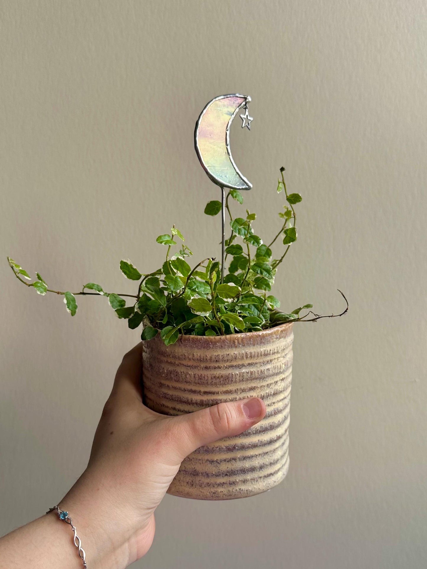 White Iridescent Crescent Moon Plant Stake