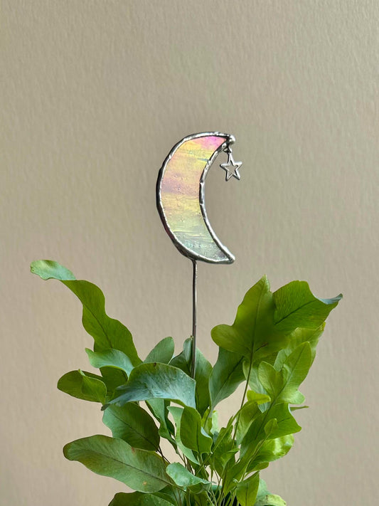 White Iridescent Crescent Moon Plant Stake